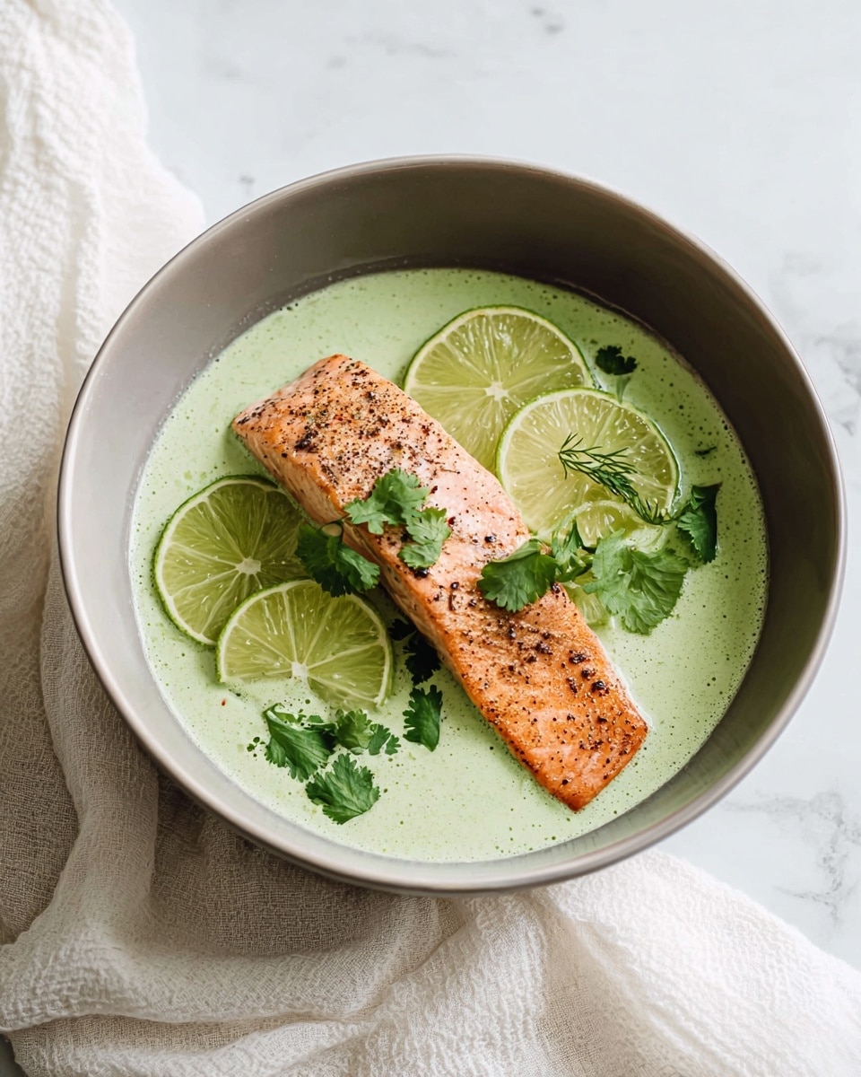 A white bowl with a round shape holds a dish with three main layers. The bottom layer is a smooth, light green sauce that covers the entire base of the bowl. On top of this sauce is a piece of cooked salmon with a light orange-pink color and some black specks of seasoning on its surface, placed in the center and slightly angled. The top layer has several lime slices and small sprigs of green cilantro, scattered on and around the salmon. The bowl sits on a white marbled surface with a soft white cloth nearby. Photo taken with an iphone --ar 4:5 --v 7