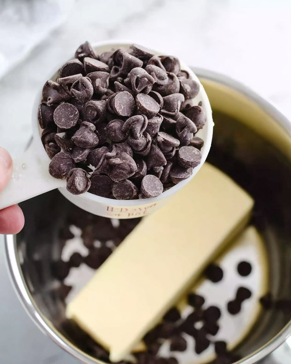 A close-up view shows a white measuring cup filled with dark brown chocolate chips being held above a silver pot that contains a pale yellow stick of butter and some scattered chocolate chips. The scene is set on a white marbled surface, emphasizing the contrast of the rich dark chocolate pieces and the light butter inside the pot. The woman's hand holding the cup is partly visible to the left. The image captures the moment just before the chocolate chips are poured into the pot, ready for melting. photo taken with an iphone --ar 4:5 --v 7