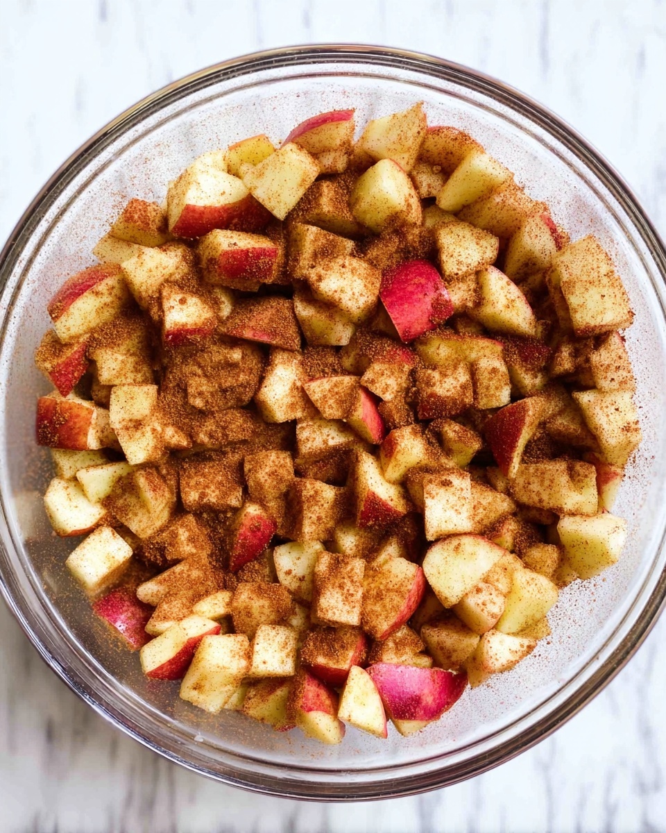 A clear bowl filled with small pieces of apple that have red and yellow skin visible, all covered lightly with a brown cinnamon spice. The apple pieces form a single thick layer, showing a mix of soft white with red and yellow patches, and a fine powdery cinnamon dust evenly spread over them. The bowl rests on a white marbled surface. photo taken with an iphone --ar 4:5 --v 7