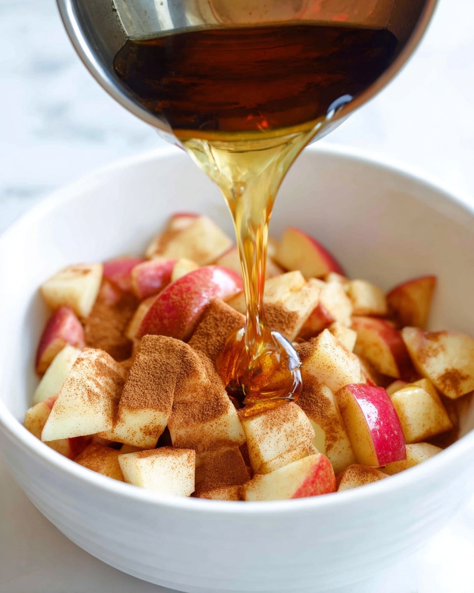 The image shows a white bowl filled with chopped apple pieces sprinkled evenly with brown cinnamon powder. Above the bowl, a metal measuring cup pours a thick stream of golden syrup that flows smoothly over the apple pieces, creating a shiny, glossy layer. The white marbled background and bowl emphasize the warm colors and textures of the apples, cinnamon, and syrup. photo taken with an iphone --ar 4:5 --v 7
