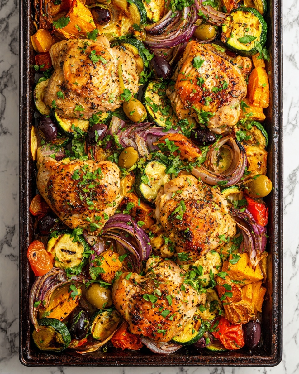 A large baking tray filled with five roasted chicken pieces placed evenly on top of a bed of mixed grilled vegetables, including orange and red bell peppers, zucchini slices, red onion strips, black and green olives, and cherry tomatoes. The vegetables show some charred edges giving a smoky look, and fresh chopped green parsley is sprinkled all over for color contrast. The tray is set on a white marbled surface, and small wooden bowls with yellow and red ingredients are seen blurred in the background. Photo taken with an iphone --ar 4:5 --v 7