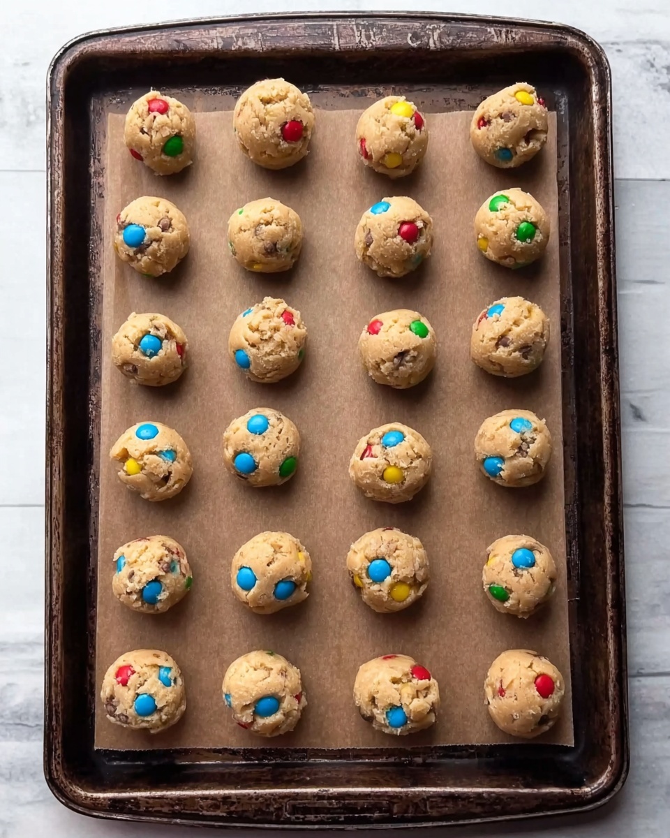 The image shows 30 small round cookie dough balls placed evenly on a dark metal baking tray lined with brown parchment paper. Each dough ball is light brown with bright colored candy pieces in blue, red, yellow, and green scattered throughout. The tray rests on a white marbled surface with soft, natural light coming from the left side. photo taken with an iphone --ar 4:5 --v 7