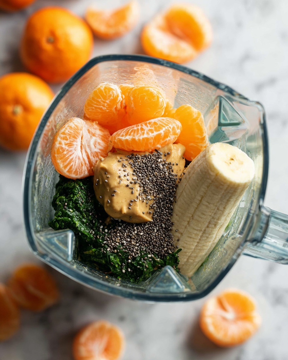 Inside a clear blender jar, there are four layers of ingredients: the bottom layer is dark green frozen spinach with a rough texture, above it is a light brown creamy spoonful of almond butter, next is a pale yellow frozen banana piece with a frosty surface on the right side, and the top layer consists of bright orange peeled mandarin segments with a juicy texture scattered with black chia seeds. The blender jar is placed on a white marbled surface with some sliced mandarins and whole mandarins around it in soft focus photo taken with an iphone --ar 4:5 --v 7