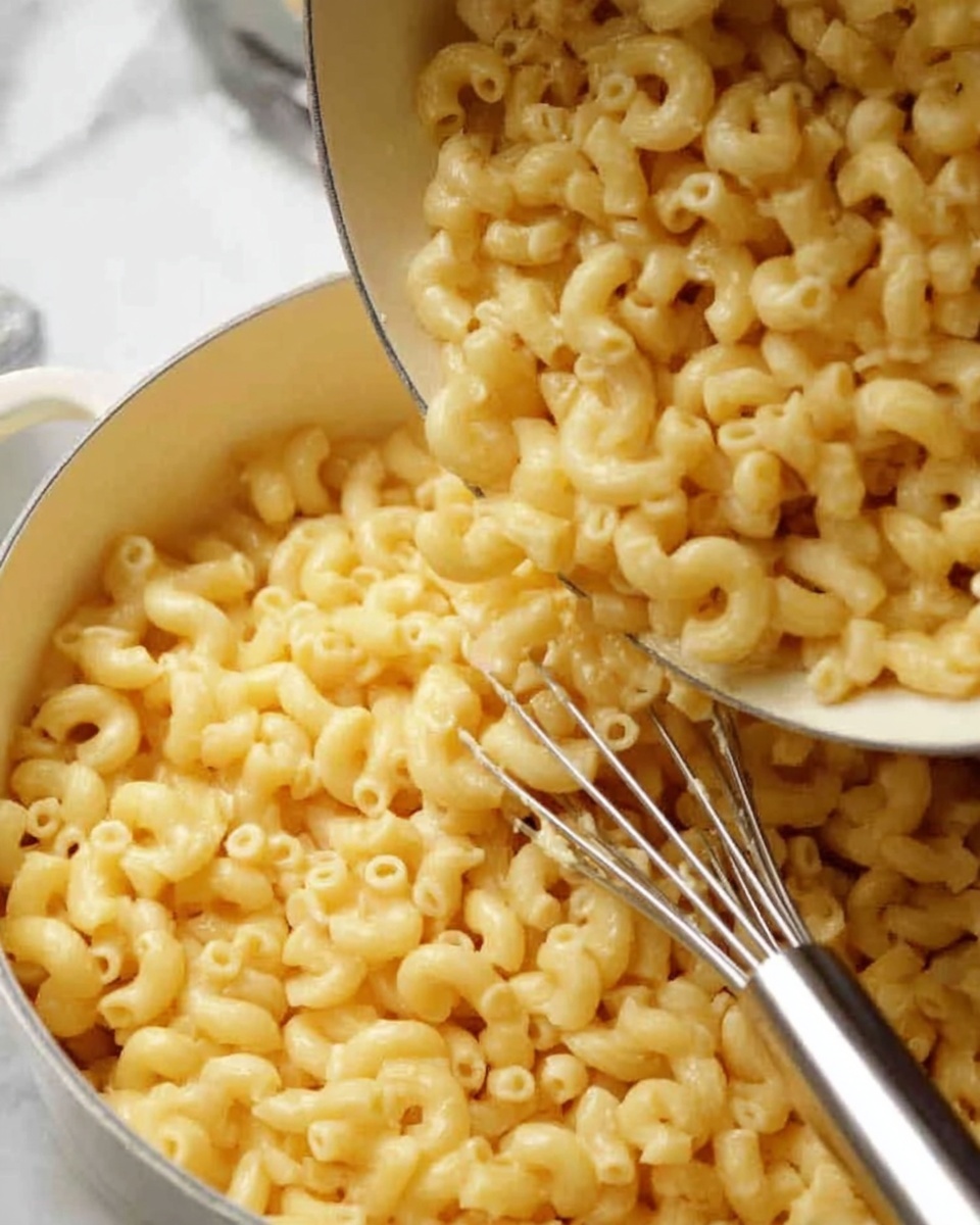 A close-up view of cooked elbow macaroni pasta being poured from a pot into a larger white pot filled with macaroni. The macaroni is pale yellow and shaped in small curved tubes. A metal whisk with thin, shiny wires is inside the white pot, resting among the macaroni. The background is a white marbled texture. photo taken with an iphone --ar 4:5 --v 7