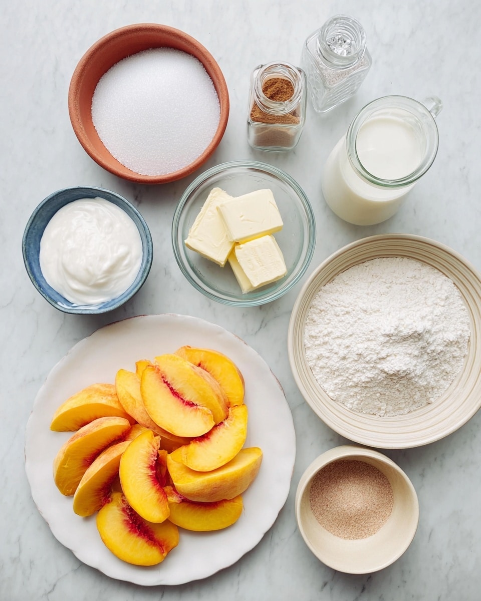 The image shows several ingredients arranged on a white marbled surface. In the bottom left is a white plate filled with bright yellow peach slices, some with red near the edges. To the right are three small bowls: one white and blue holding two slabs of cream-colored butter, another glass bowl with a small dollop of white cream, and a beige bowl with a heap of white powdered substance. Above the peach plate, a terracotta bowl is filled with white granulated sugar. Next to it is a small glass jar filled with white milk or cream, and to its right, a glass salt shaker stands. Near the top left corner is a glass jar filled with brownish powder, likely cinnamon. On the right middle side, there is a white bowl with beige stripes that holds a large amount of white flour. photo taken with an iphone --ar 4:5 --v 7