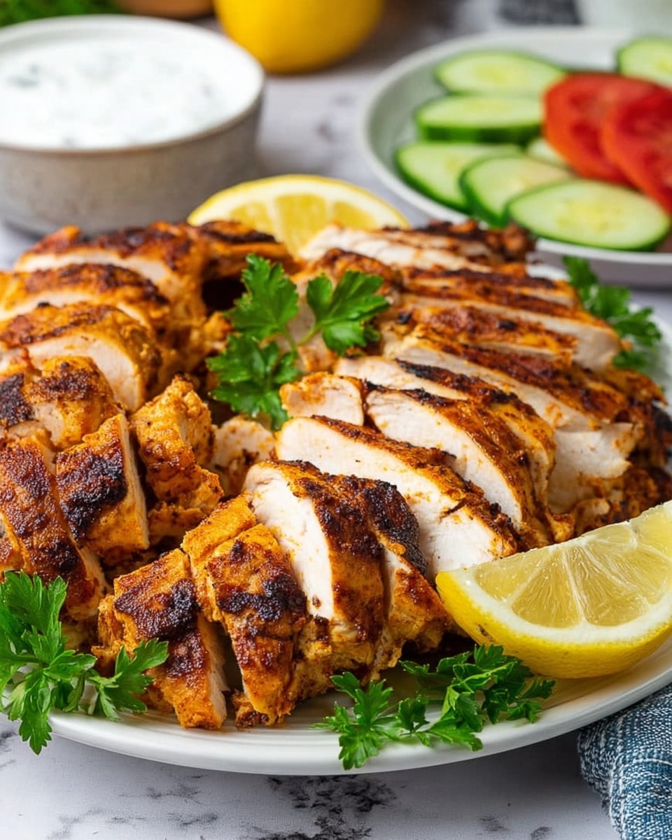 A white plate filled with multiple layers of sliced grilled chicken, each slice is golden brown with a slightly charred texture and visible seasoning. The chicken pieces are layered closely, showing both the crispy outside and tender, lighter inside. Two lemon wedges and green parsley leaves sit on top and between the chicken pieces as garnish. In the background, there is a blurred bowl of white sauce and slices of green cucumber and red tomato on a white marbled surface. photo taken with an iphone --ar 4:5 --v 7