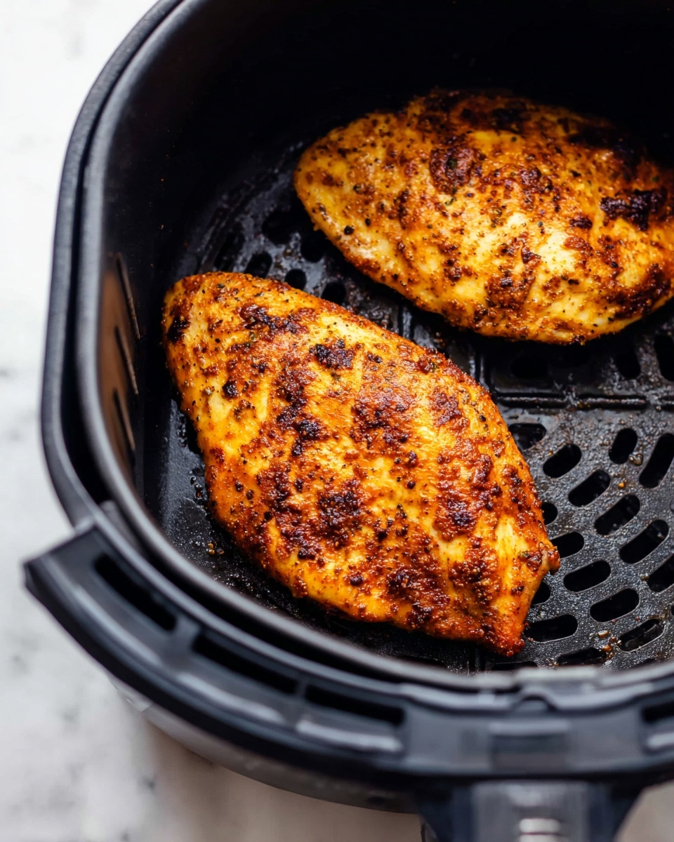 Two cooked seasoned chicken pieces with golden brown and slightly charred spots lie side by side inside a black air fryer basket with perforated holes. The air fryer basket is placed on a white marbled surface. The chicken has a textured appearance from the seasoning and the cooking process. Photo taken with an iphone --ar 4:5 --v 7