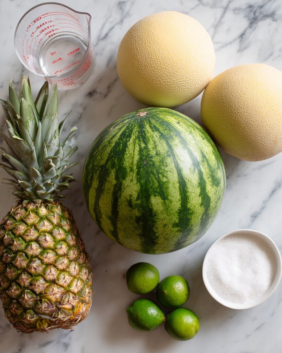 The image shows a white marbled surface with a collection of fresh fruits and a bowl of sugar arranged neatly. At the center is a round watermelon with dark green stripes on a lighter green skin. To the left of the watermelon is a pineapple with rough, spiky golden-brown skin and green leaves at the top. Above the watermelon are two light-colored melons, one smooth and pale yellow and the other with a textured tan skin. To the right of the watermelon is a small white bowl filled with fine white sugar. Near the bowl are three small, round green limes with smooth skin. A clear glass measuring cup with red markings is placed at the top left corner above the pineapple. Everything is set on the white marbled background. Photo taken with an iphone --ar 4:5 --v 7