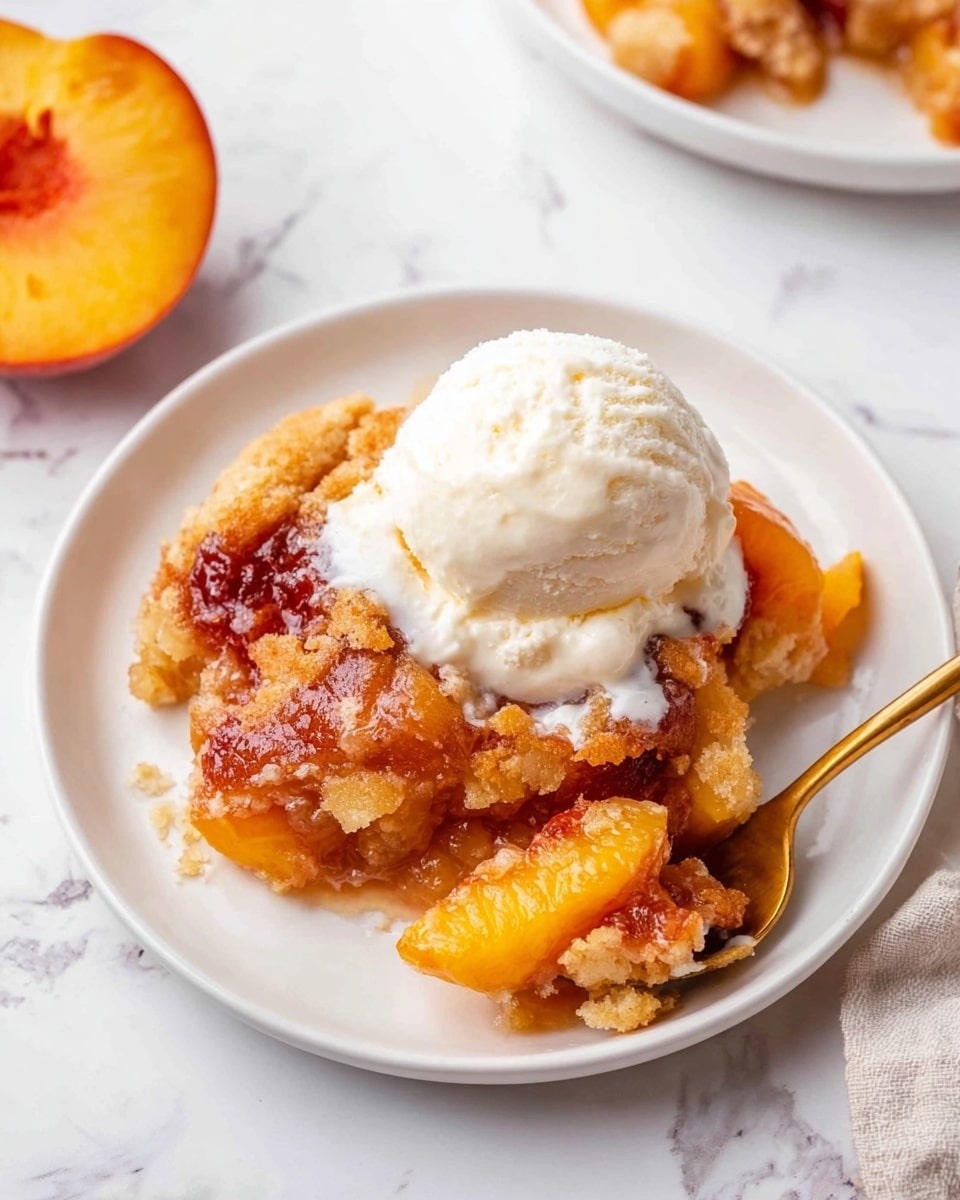 A white plate holds a serving of peach cobbler topped with a scoop of creamy vanilla ice cream. The cobbler has two main layers: the bottom layer is golden brown baked peaches with a soft and slightly juicy texture, and the top layer is a caramelized, crispy crust with a mix of golden and darker brown spots. The white ice cream scoop is partly melting over the cobbler, creating a smooth contrast. A gold spoon rests on the plate, partly under the cobbler slice. The background is a white marbled surface, and there is a peach half showing its bright orange flesh in the bottom left corner. Photo taken with an iphone --ar 4:5 --v 7