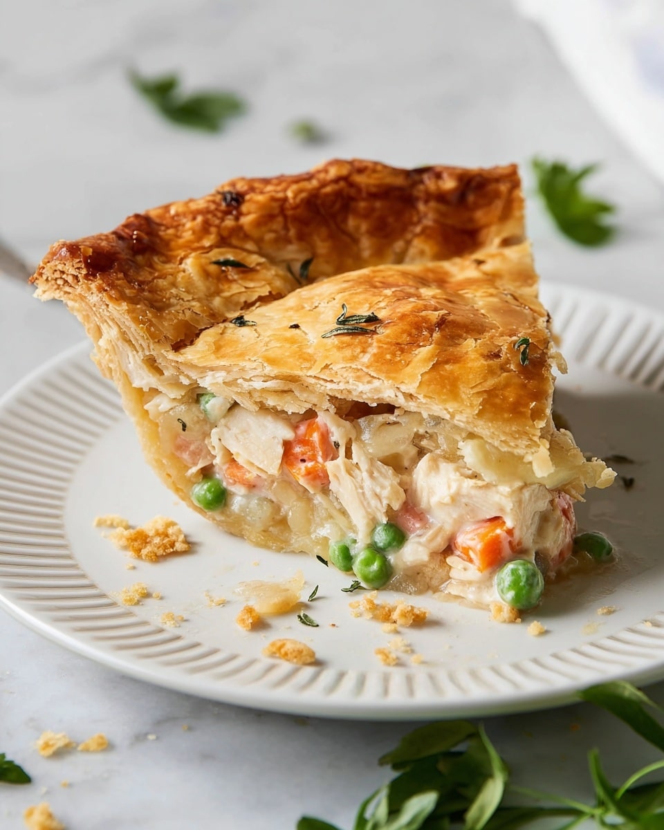 A golden brown slice of pie sits on a white plate with small ridges around the edge, placed on a white marbled surface. The pie has two layers of flaky crust; the top crust is browned and slightly uneven with visible flaky texture and small browned spots, while the bottom crust holds a creamy filling. The filling is made of chunks of white chicken, bright orange carrot pieces, and green peas mixed in a creamy sauce. Small crumbs of crust are scattered around the plate, with fresh green herb leaves near the bottom right of the plate. photo taken with an iphone --ar 4:5 --v 7