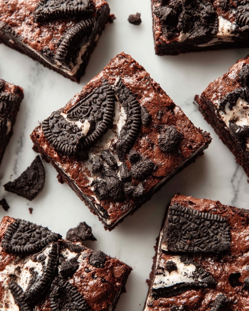 A stack of four thick, rich brownie pieces is shown, each layer dark brown with a moist, dense texture and large chunks of melted chocolate and cream-filled cookie pieces mixed inside. The top layer has visible whole cookie pieces embedded on the surface, adding a crunchy contrast. Around the base of the stack are whole and halved cream-filled cookies scattered on a white marbled surface, emphasizing the ingredients inside the brownies. The lighting highlights the gooey chocolate spots and soft cookie bits clearly, creating a tempting, indulgent look. Photo taken with an iphone --ar 4:5 --v 7