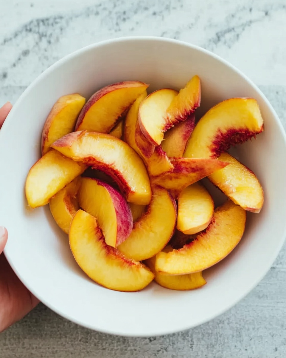 A white bowl filled with about three layers of sliced yellow peaches with red skin edges. The peach slices are soft and slightly shiny, arranged loosely inside the bowl, showing some slices overlapping and leaning against the side. The bowl sits on a white marbled texture surface, and a woman's hand is gently holding the bowl on its right edge. Photo taken with an iphone --ar 4:5 --v 7