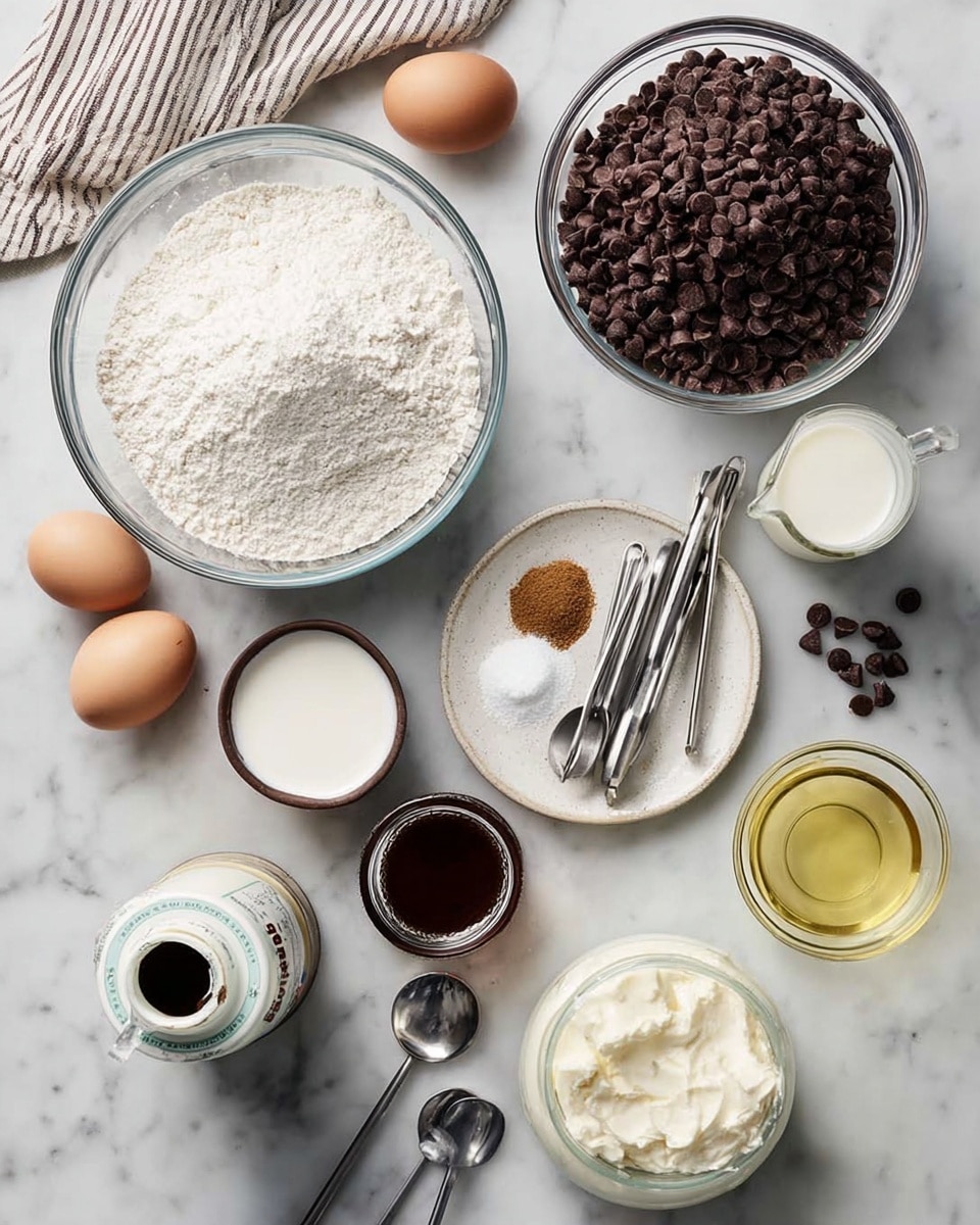 A white marbled surface holds various baking ingredients arranged neatly: a large clear glass bowl filled with white flour on the left, next to two brown eggs, a small white bowl filled with white sugar and a small jar of dark vanilla extract below them. At the top right, there is a large clear glass bowl full of dark brown chocolate chips. Near the center, a glass measuring cup contains white milk, with a small open can of coconut milk beside it. A white ceramic plate holds a small pile of white salt and a tiny pile of light brown spice along with a set of metal measuring spoons resting on it. To the right, a white measuring cup is filled with white cream cheese, and a small glass jar of pale yellow oil sits next to it. A striped cloth partially appears at the top, and several loose chocolate chips are scattered near the bowls. Photo taken with an iphone --ar 4:5 --v 7