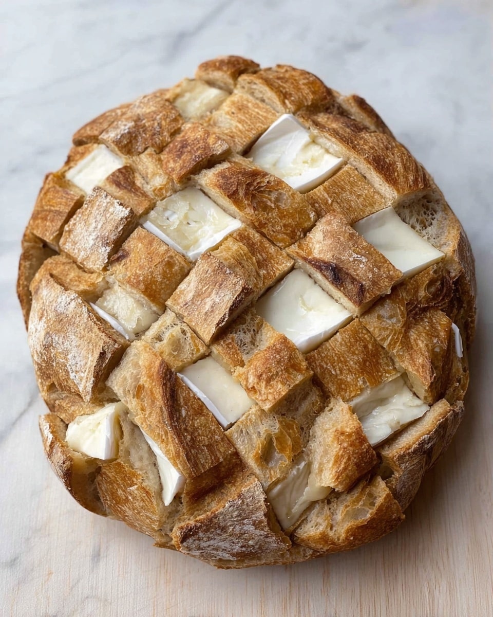 The image shows a round loaf of bread with deep crisscross cuts forming large square pieces. Between the cut sections, there are thick slices of white cheese with a soft, creamy texture and a white rind, evenly tucked into the gaps. The bread crust looks golden brown and crispy while the inside is soft and light beige. The loaf is placed on a white marbled surface, highlighting the contrast between the toasted bread and the pale cheese. Photo taken with an iphone --ar 4:5 --v 7