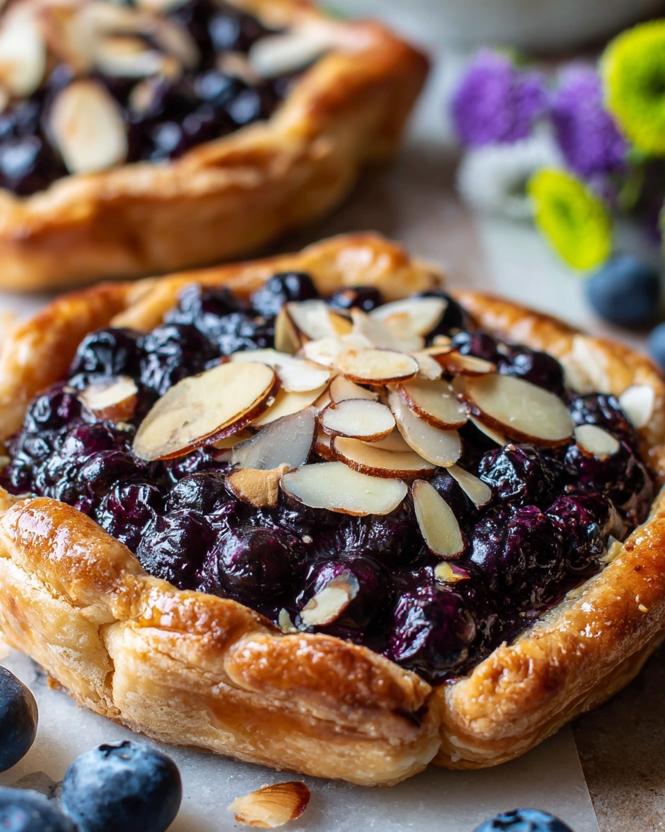 The image shows a round tart with a golden-brown flaky crust folded over the edges, forming a raised border. Inside the tart, there is a thick layer of shiny, dark purple blueberries piled high, with some popped and oozing a bit of juice. Scattered on top of the blueberries are thin, light brown toasted almond slices, adding texture. The tart sits on a white marbled surface with a few loose blueberries around it, and in the soft blurred background, another tart and some green and purple flower decorations are visible. Photo taken with an iphone --ar 4:5 --v 7
