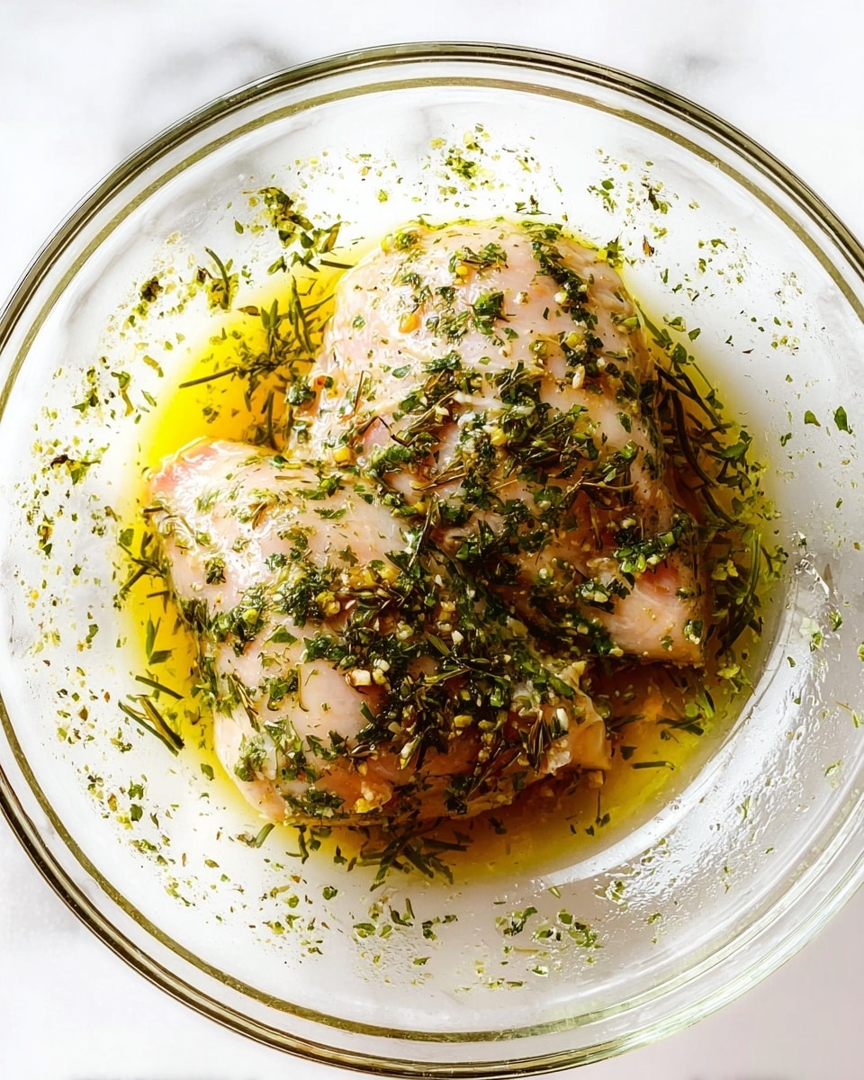 A clear glass bowl holds two raw chicken pieces covered with green dried herbs and soaked in golden oil sauce. The chicken pieces are light pink with green herb pieces scattered evenly on top. The bowl is placed on a white marbled surface with some oil and herbs spread around. The lighting is bright, making the colors of the chicken and sauce appear fresh and shiny. photo taken with an iphone --ar 4:5 --v 7