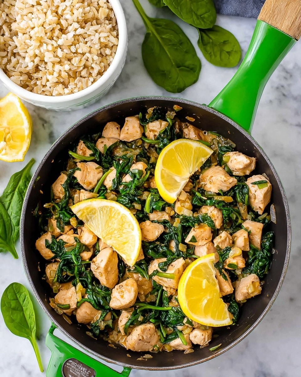 A close-up view of a black pan filled with small chunks of light golden cooked chicken mixed with wilted dark green spinach leaves. The dish is topped with thin bright yellow lemon wedges scattered evenly over the chicken and spinach. The pan rests on a white marbled surface with a soft focus background. Photo taken with an iphone --ar 4:5 --v 7