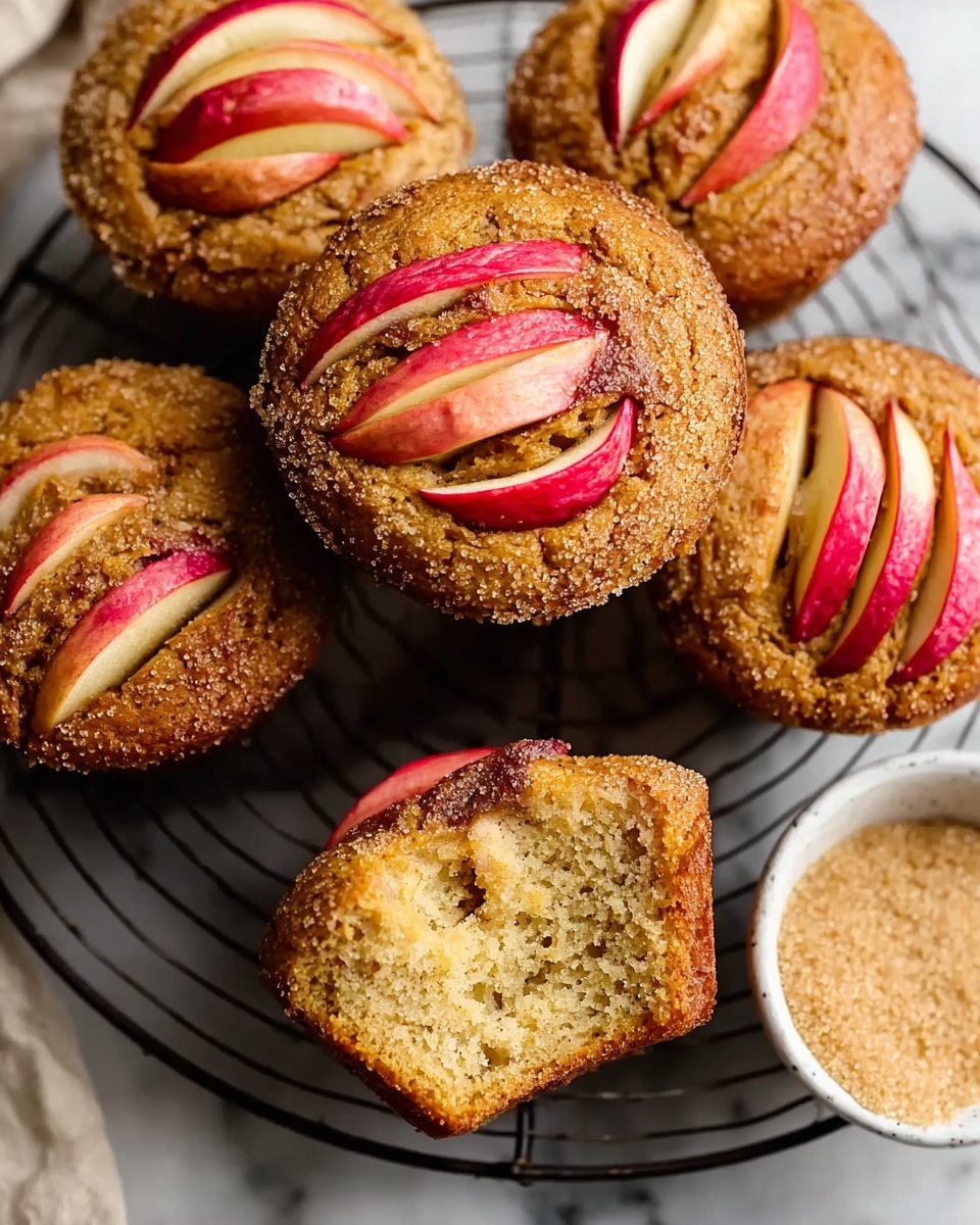 The image shows a group of golden brown muffins arranged close together on a black wire rack over a white marbled surface. Each muffin is topped with thin, fan-shaped slices of red-skinned apple, which create a layered pattern on the top that contrasts with the rough, crumbly texture of the muffin. One muffin is turned to show the inside, revealing a soft, moist crumb with small apple pieces embedded throughout. A small white bowl filled with coarse brown sugar sits nearby. The muffins have a slightly cracked surface with a sugary coating adding texture, and the apple slices are gently browned around the edges. Photo taken with an iphone --ar 4:5 --v 7