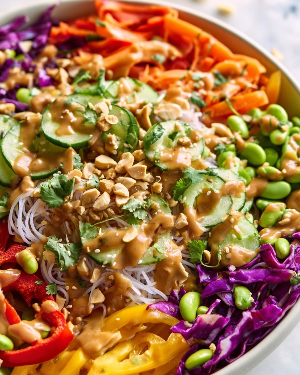 A close-up view of a colorful Asian noodle salad layered in a white bowl on a white marbled surface. The base layer shows thin white rice noodles mixed with thin strips of purple cabbage. On top are slices of green cucumber, bright orange carrot curls, and strips of red and yellow bell peppers. Bright green edamame beans add freshness throughout. The salad is drizzled with a creamy light brown peanut sauce and sprinkled with sesame seeds and chopped peanuts. Small green cilantro leaves are scattered on top for garnish. Photo taken with an iphone --ar 4:5 --v 7