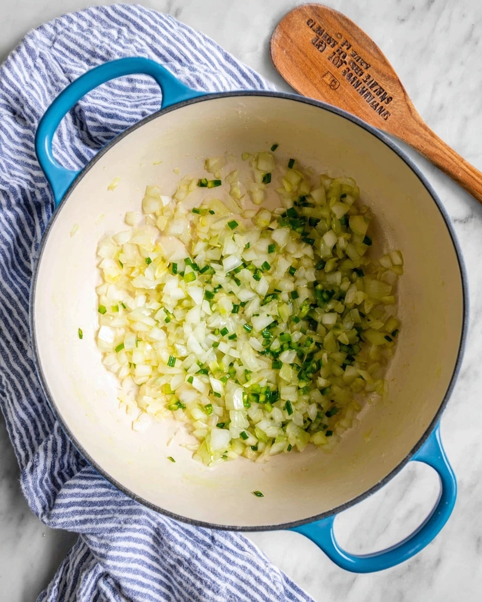 Inside a white cooking pot with blue handles, there is one layer of small chopped onions and green chili pieces being cooked, showing a mix of light yellow and green colors with a soft texture. The pot is on a white marbled surface, next to a wooden spoon with text engraved on the handle and a blue and white striped cloth partially underneath the pot. The onions are scattered unevenly on the bottom, and the light reflects softly on the surface of the pot. photo taken with an iphone --ar 4:5 --v 7