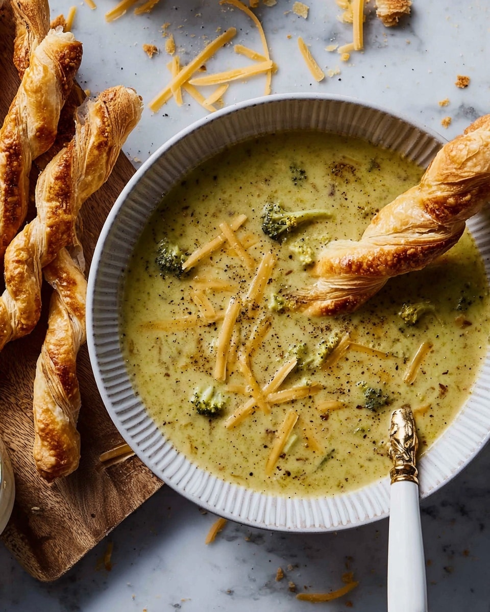 Broccoli Cheddar Soup with Puff Pastry Cheese Straws Recipe