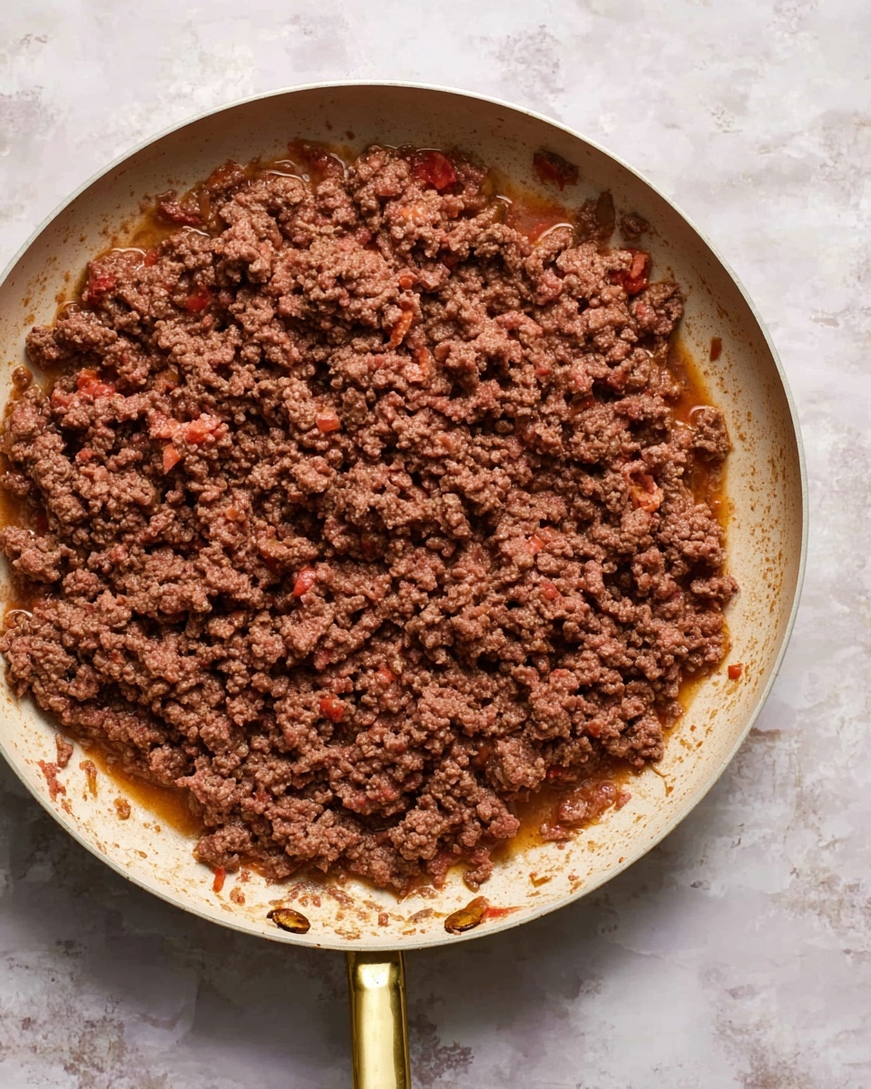 A white pan filled with cooked ground beef that is mostly brown with some bits of pink and red here and there, showing a rough uneven texture with some small pieces floating in juice. The pan has a gold handle and is placed on a white marbled surface. photo taken with an iphone --ar 4:5 --v 7