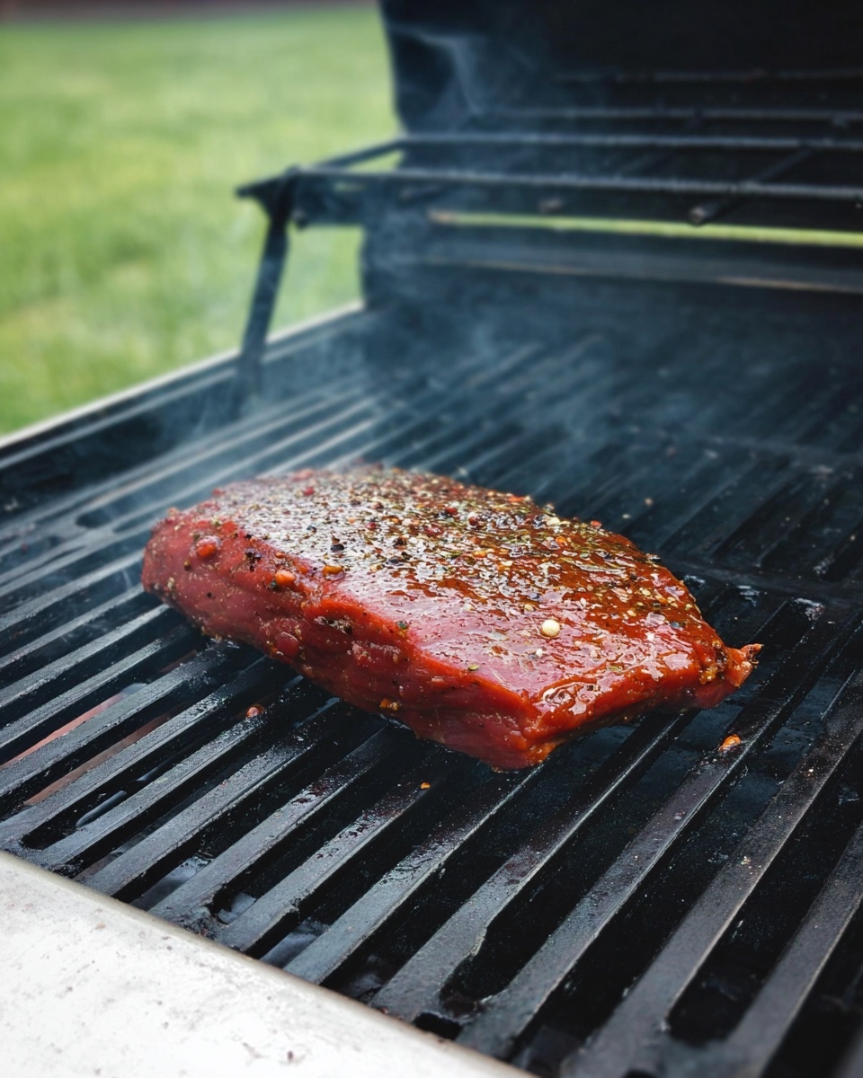 A single piece of reddish brown marinated meat with visible spices and a slightly shiny glaze lies flat on a black grill grate with smoke rising softly above. The grill itself is surrounded by a white marbled surface, and the background shows a hint of green grass outside. Photo taken with an iphone --ar 4:5 --v 7