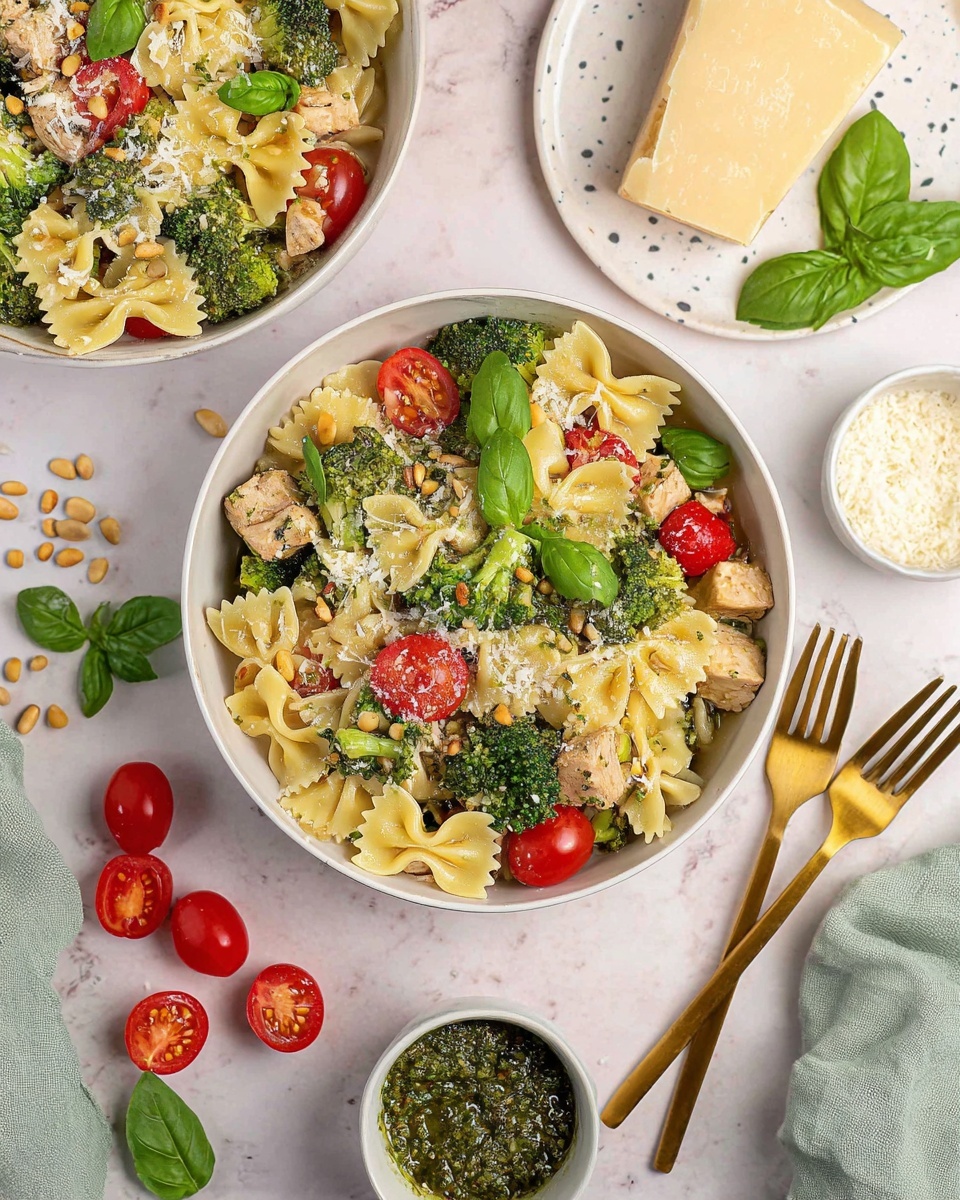 Creamy Chicken Pesto Pasta with Cherry Tomatoes and Broccolini Recipe