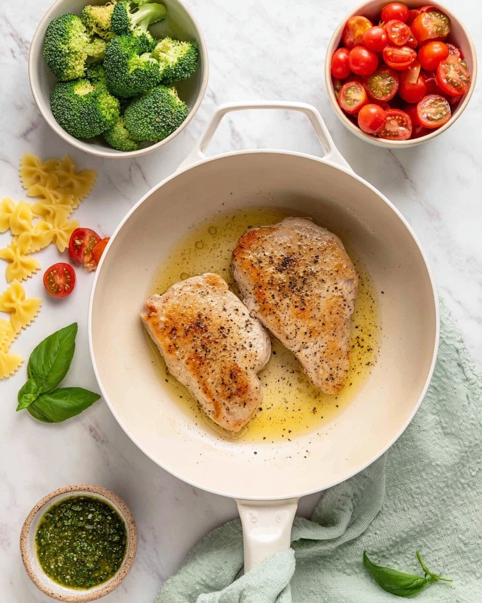 The image shows a white pan with two golden brown cooked pieces of meat, seasoned lightly with black pepper, sitting in some oil. Around the pan are three white bowls: one filled with bright green broccoli pieces on the top left, one with sliced red cherry tomatoes above the pan, and one with green pesto sauce below the pan. There are also some uncooked yellow farfalle pasta scattered on the white marbled surface, along with a few basil leaves and halved cherry tomatoes. A light green cloth is draped on the bottom right edge. The scene is clean and bright, focused on the cooking process. photo taken with an iphone --ar 4:5 --v 7