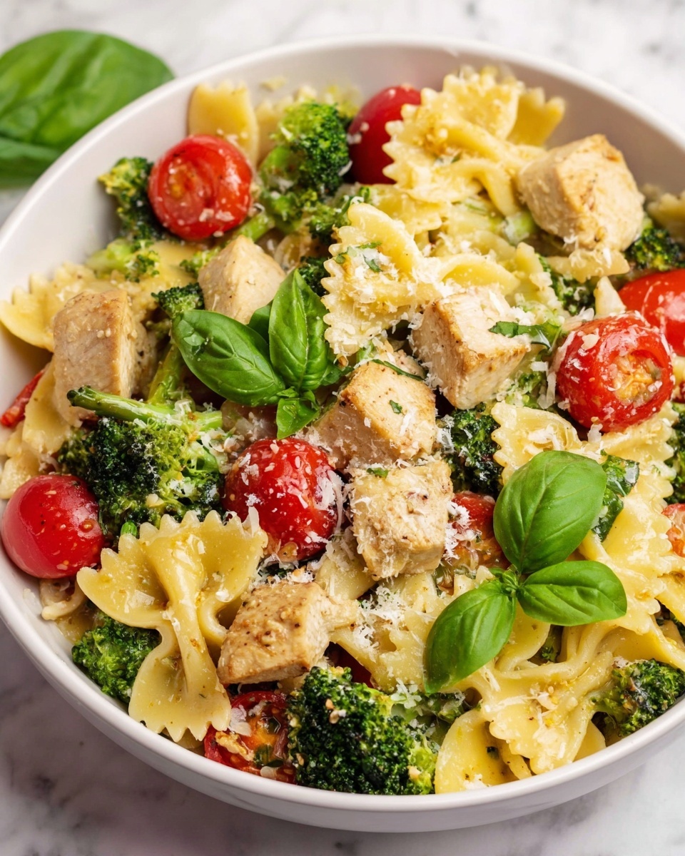 The dish is presented in a white bowl filled with layers of yellow bowtie pasta mixed with bright green broccoli pieces and halved red cherry tomatoes. On top of the pasta and vegetables are light brown, cubed cooked chicken pieces scattered evenly. Fresh green basil leaves are placed on top, adding a pop of color. The entire dish is sprinkled with white grated cheese, giving it a slightly textured look. The bowl sits on a white marbled surface with a close-up focus on the vibrant, fresh ingredients. Photo taken with an iphone --ar 4:5 --v 7