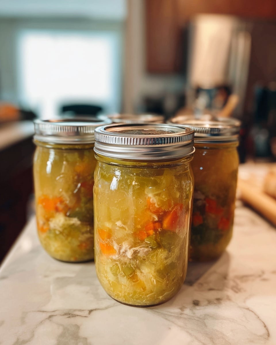 Three glass jars with silver lids are filled with a thick yellow broth containing visible pieces of light-colored meat, orange carrot chunks, and green vegetables. The jars stand on a white marbled surface, arranged in a slight arc with the center jar closest to the camera. The background shows a blurred kitchen setting with soft light and warm tones. photo taken with an iphone --ar 4:5 --v 7