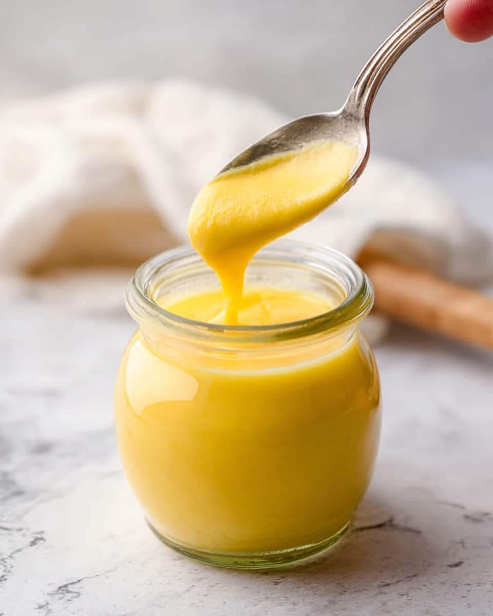A small clear glass jar filled with thick, smooth yellow sauce or cream, with a woman's hand holding a silver spoon scooping some of the sauce from the jar, showing its rich, glossy texture. The jar is placed on a surface with a white marbled texture, and there is a blurred white cloth and wooden object in the background. The light is soft and natural, highlighting the sauce's bright yellow color. photo taken with an iphone --ar 4:5 --v 7