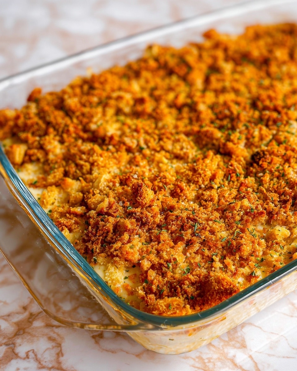 The image shows a clear glass baking dish filled with a casserole that has a thick, crumbly top layer of golden brown, toasted breadcrumbs mixed with herbs, giving it a rough, crunchy texture. Beneath this crisp topping, the middle layer is creamy and light in color, probably a sauce or soft filling that contrasts with the crunchy top. The dish rests on a white marbled surface, adding a clean and bright background to the warm, rich colors of the casserole. photo taken with an iphone --ar 4:5 --v 7