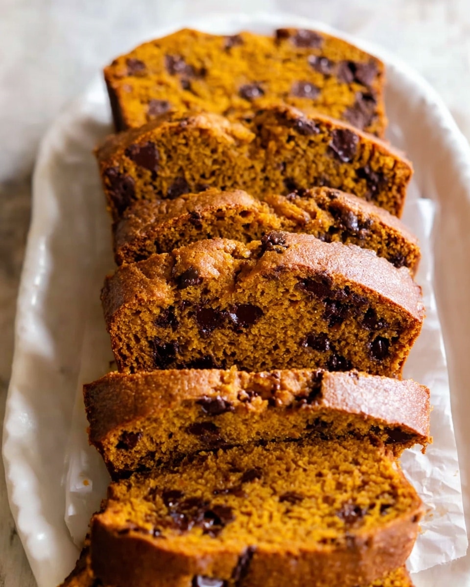A white plate lined with parchment paper holds six slices of chocolate chip pumpkin bread, stacked closely side by side in one layer. Each slice shows a rich orange-brown color with darker chocolate chips spread throughout, creating a textured look with small cracks on the top crust. The bread has a soft, moist interior visible in the cross sections of each slice. The plate is placed on a white marbled surface. Photo taken with an iphone --ar 4:5 --v 7