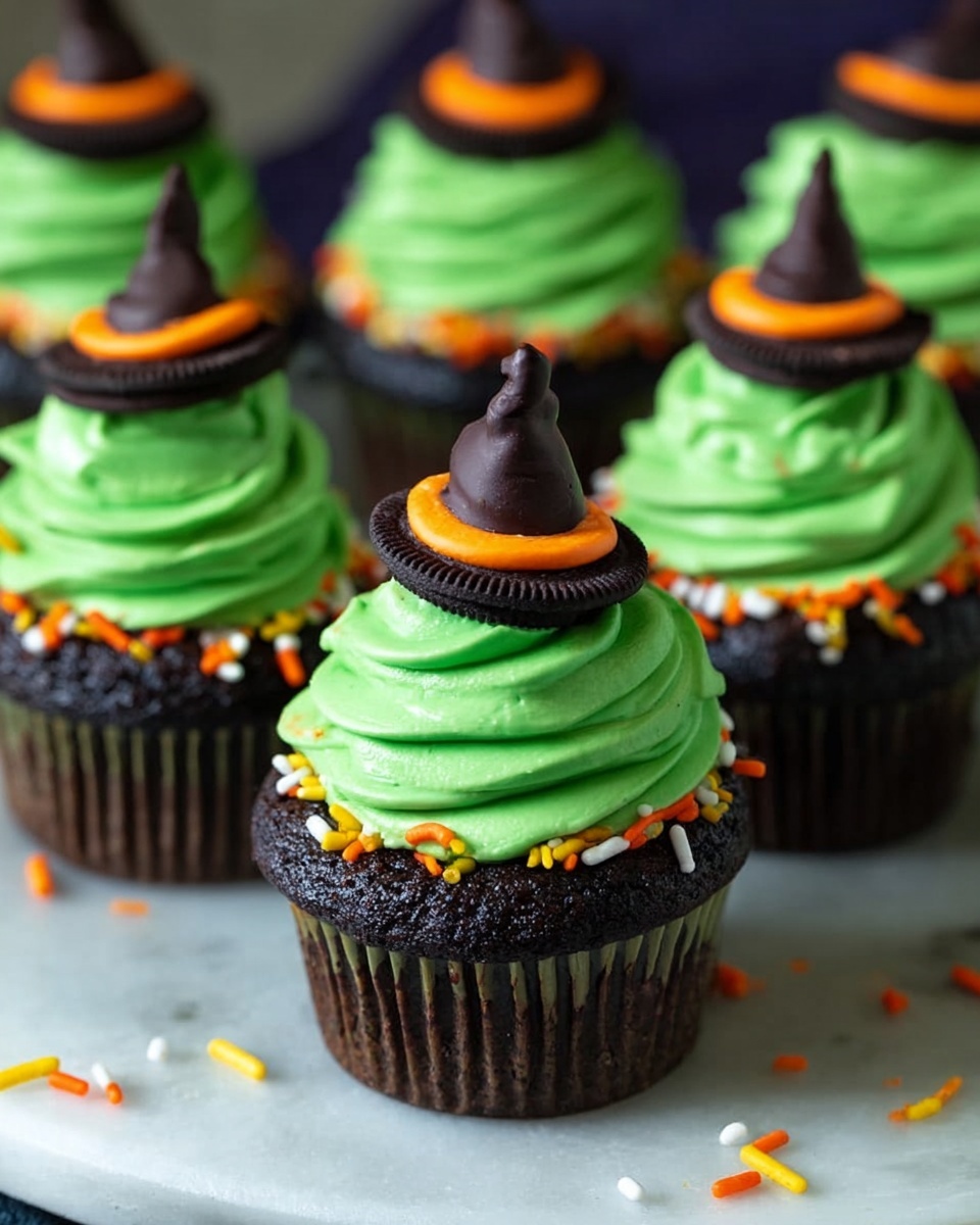 The image shows several dark chocolate cupcakes with one main cupcake in focus at the front. Each cupcake has three layers: a dark chocolate cake base, a thick swirl of bright green frosting on top, and a small chocolate candy shaped like a witch hat placed on a thin black cookie. The witch hat candy is decorated with orange frosting and small yellow and orange sprinkles. The cupcakes rest on a white marbled surface with a few orange, yellow, and white sprinkles scattered around. Photo taken with an iphone --ar 4:5 --v 7