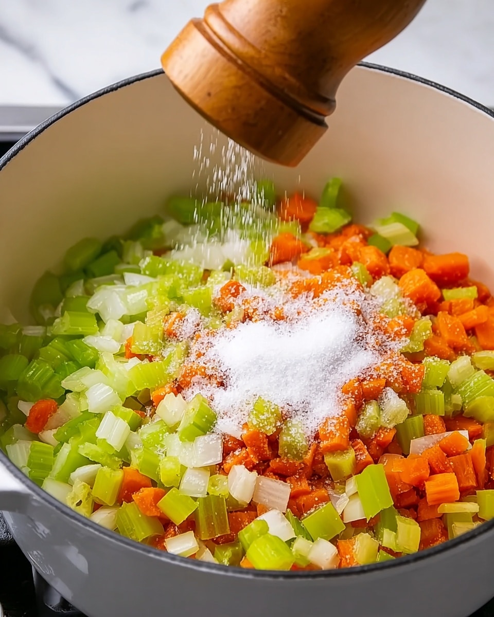 Inside a white pot, there is a mix of colorful diced vegetables including bright orange carrots, light green celery, and white onions. The vegetables are layered evenly at the bottom of the pot, and white granulated salt is being sprinkled from a wooden salt grinder held above the pot. The pot sits on a black stovetop with a white marbled surface in the background. The colors are fresh and vibrant, showing the raw texture of the vegetables clearly. photo taken with an iphone --ar 4:5 --v 7
