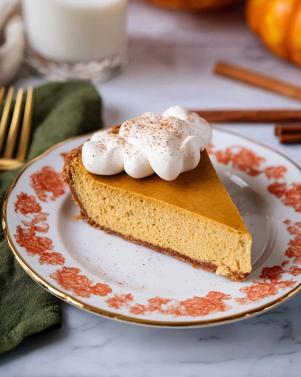A pumpkin pie with one slice removed sits on a clear glass plate with an embossed leaf design. The pie has a thick brown crust and a smooth orange filling. Around the edge of the pie, there are dollops of white whipped cream, each topped with a light dusting of cinnamon. In the background, on a white plate with a faint floral pattern, there is a single slice of the pumpkin pie also decorated with two small dollops of whipped cream. Behind it, two small orange pumpkins rest on a white marbled surface. The photo taken with an iphone --ar 4:5 --v 7