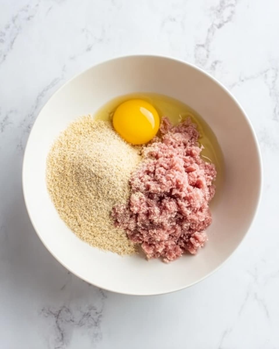 In a white bowl, there are four distinct layers: a raw cracked yellow egg on the left side, dry beige breadcrumbs on the top right, light pink ground meat on the bottom right, and a small pool of clear oil on the left side near the egg. The bowl is placed on a white marbled surface. photo taken with an iphone --ar 4:5 --v 7