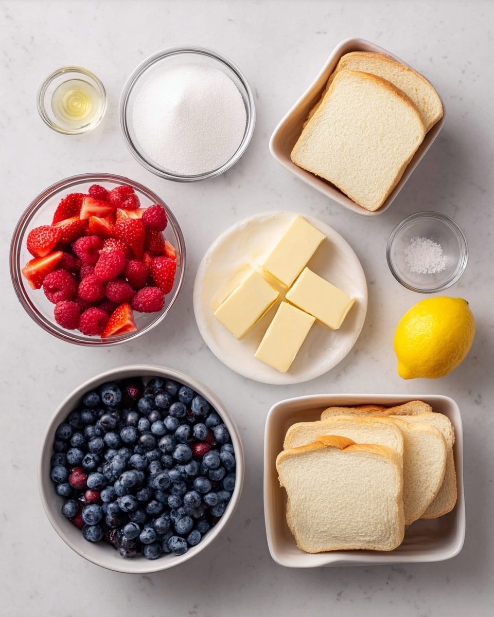 A top-down view of ingredients arranged neatly on a white marbled surface, including a white square dish filled with several slices of plain white bread on the right, a bowl of fresh blueberries with a dark blue color positioned in the center bottom, a bowl of bright red raspberries to the left, a bowl of chopped strawberries with a vibrant red hue at the top left, a clear bowl containing white granulated sugar in the center, a small white round plate with four square pieces of pale yellow butter placed near the top center, a small clear dish with a pinch of salt near the bottom right, and a whole yellow lemon beside it. Photo taken with an iphone --ar 4:5 --v 7