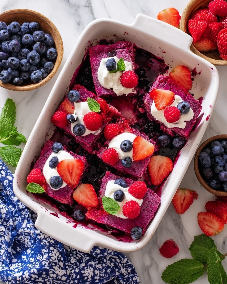In a white rectangular baking dish, there are seven square pieces of a vibrant purple-red baked dessert topped with whole blueberries and sliced strawberries. Three of the squares are dotted with white dollops of cream, each decorated with a raspberry, two blueberries, and a small green mint leaf. The dessert’s texture looks spongy and soft, with some berry juice slightly spreading around the edges inside the dish. Around the dish, there are bowls of fresh blueberries and raspberries, a green mint leaf, and a few scattered strawberries on a white marbled surface, with a blue and white patterned cloth on one side. Photo taken with an iphone --ar 4:5 --v 7