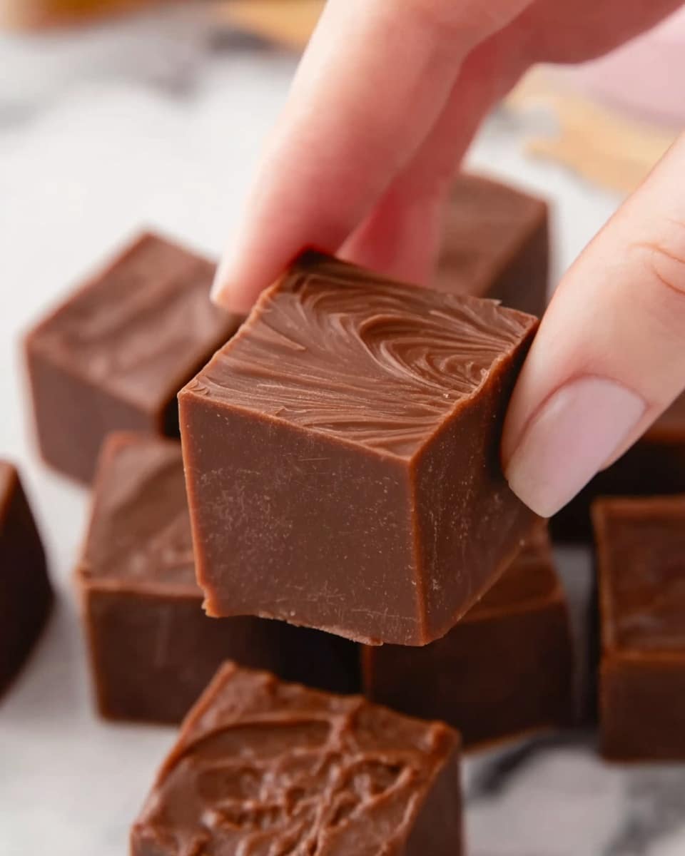 A close-up of a woman's hand holding a small square of smooth, rich brown fudge with a slight shiny texture and a swirl pattern on top. Below, several more identical fudge squares lie scattered, all showing a firm but soft consistency with clean edges. The background surface is white marbled, enhancing the warm brown color of the fudge. photo taken with an iphone --ar 4:5 --v 7