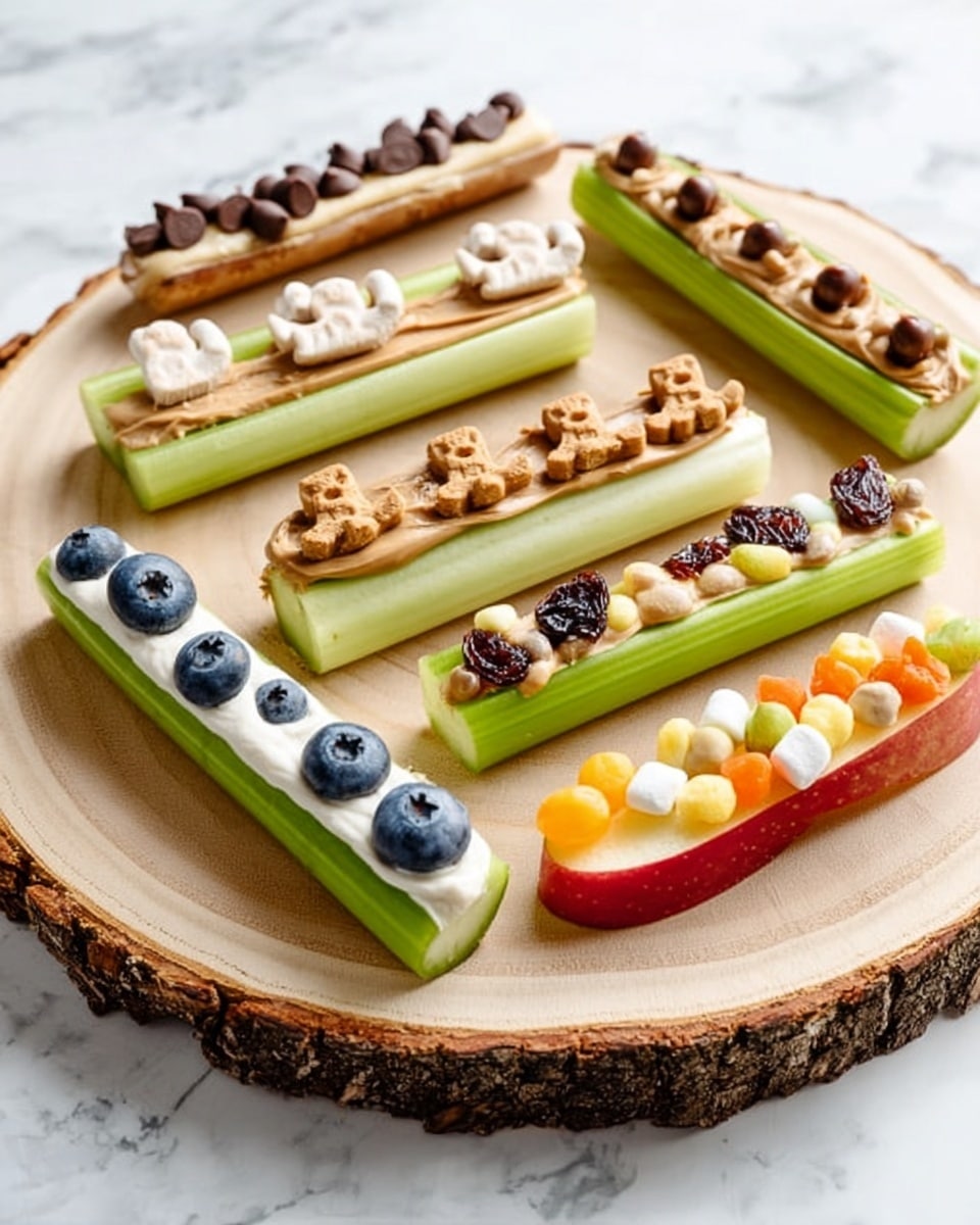 The image shows a wooden round serving board with a bark edge placed on a white marbled surface. On the board, there are several snack sticks made from celery, each topped with different layers. One stick has a base of light brown spread topped with dark chocolate chips aligned on top. Another stick has a light brown spread topped with raisin pieces. One celery stick is spread with a white creamy layer and has blueberries placed neatly on top. Another celery stick has a white creamy layer with small teddy bear-shaped biscuits and tiny dark chocolate chips scattered over it. There is also a red apple slice covered with a white spread and topped with mini marshmallows and orange small fruit pieces. The snack sticks are arranged in a circle, creating a colorful and fresh display. Photo taken with an iphone --ar 4:5 --v 7