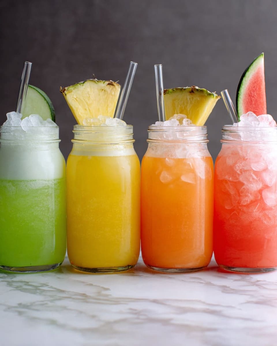 There are four clear glass jars lined up on a white marbled surface, each filled with colorful juice and ice cubes inside. The first jar holds light green juice with a frothy top layer, garnished with a pale green watermelon slice on the rim and a clear straw. The second jar contains bright yellow juice with ice, topped with a small pineapple wedge on the rim and a clear straw. The third jar has orange juice with ice, garnished with a cantaloupe wedge on the rim and a clear straw. The fourth jar is filled with pink juice with ice, decorated with a dark green and red watermelon slice on the rim and a clear straw. Photo taken with an iphone --ar 4:5 --v 7