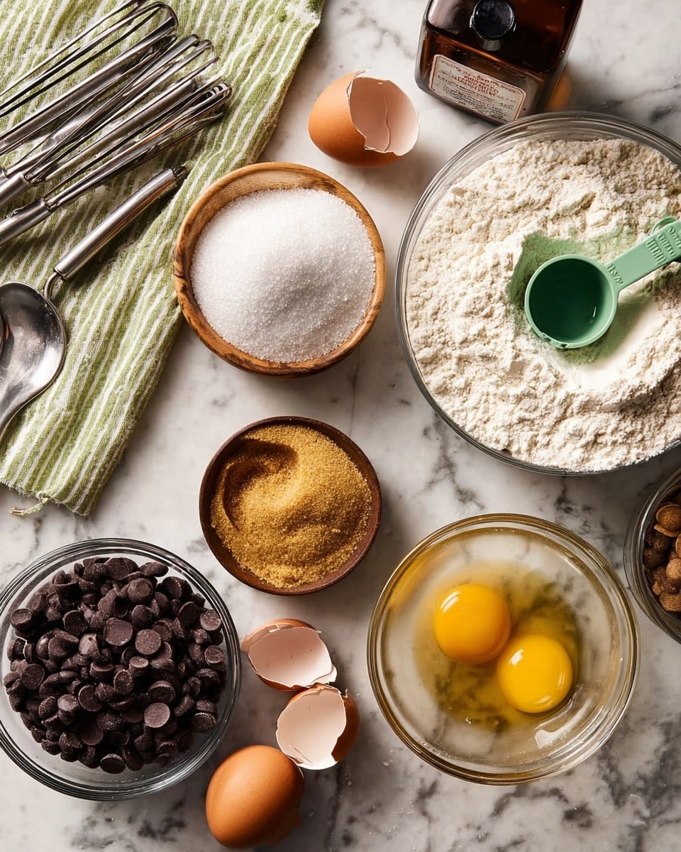 The image shows several clear glass and wooden bowls with ingredients arranged on a white marbled surface. There is a large clear bowl on the right filled with white flour and a green measuring cup resting inside it. Below it, a clear bowl holds a single raw egg with the yolk visible, and next to it is a small bowl with brown sugar. Above these, a wooden bowl holds granulated sugar, and to its left, a clear bowl is filled with dark chocolate chips. There are two cracked eggshells and an uncracked egg near the bottom right. At the top left, metal baking tools and a green striped cloth are placed on the white marble. A brown bottle with a black label is also present in the upper right corner. photo taken with an iphone --ar 4:5 --v 7