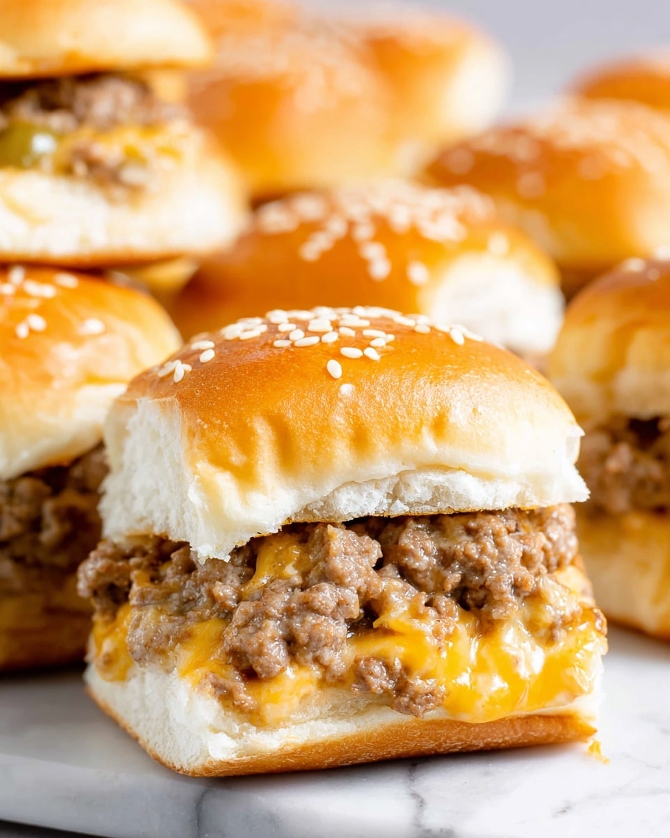 This image shows several small sandwich sliders on a white plate lined with red and white checkered paper. Each slider has a light brown, soft bun top sprinkled with sesame seeds. Inside, there is one layer of cooked ground beef that looks juicy and slightly crumbly, topped with melted orange cheddar cheese that oozes between the bun layers. One slider is raised higher in the center, held together by a toothpick. In the background, there is a small cup of creamy, light brown dipping sauce. The whole scene is set on a white marbled surface. photo taken with an iphone --ar 4:5 --v 7