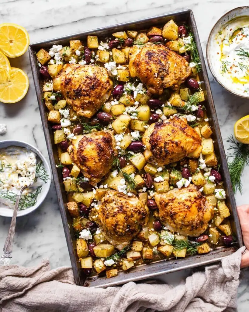 Greek Chicken and Potatoes with Feta, Olives, and Tzatziki Recipe