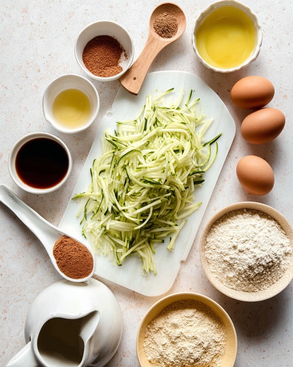 The image shows a white cutting board with a green zucchini partly shredded, with light green and white thin strips scattered on the board. Around the board, there are small white bowls and spoons containing various ingredients: one bowl with light yellow oil, a white spoon with white powder, a wooden spoon with another white powder, a white spoon filled with brown powder, another white spoon with dark brown liquid, a white bowl with dark brown liquid, a beige bowl with light tan flour, a small white pitcher with creamy liquid, and two brown eggs placed on a white marbled surface. photo taken with an iphone --ar 4:5 --v 7