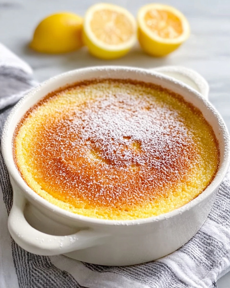 A single round baked dish is shown in a white ceramic baking dish with two small handles on the sides. The top layer of the baked dish is golden brown with a slightly rough texture and is dusted with a fine layer of white powdered sugar. The dish is placed on a striped cloth, and in the background, two lemon halves sit on a white marbled surface, adding a bright yellow contrast. The overall scene has soft natural light highlighting the warm golden top of the baked item. Photo taken with an iphone --ar 4:5 --v 7