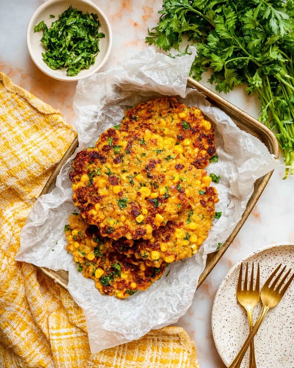 The image shows a metal tray lined with white parchment paper holding four golden-brown corn fritters stacked slightly on top of each other, each with visible charred corn kernels and small green herb pieces sprinkled across the surface. To the top left of the tray is a small white bowl filled with chopped green herbs, while below the tray lays a bunch of fresh green parsley on a white marbled background. On the top right, there is a white speckled plate with two golden forks resting on it. A yellow and white checkered cloth is placed under the tray, adding a warm and cozy touch to the setting. photo taken with an iphone --ar 4:5 --v 7