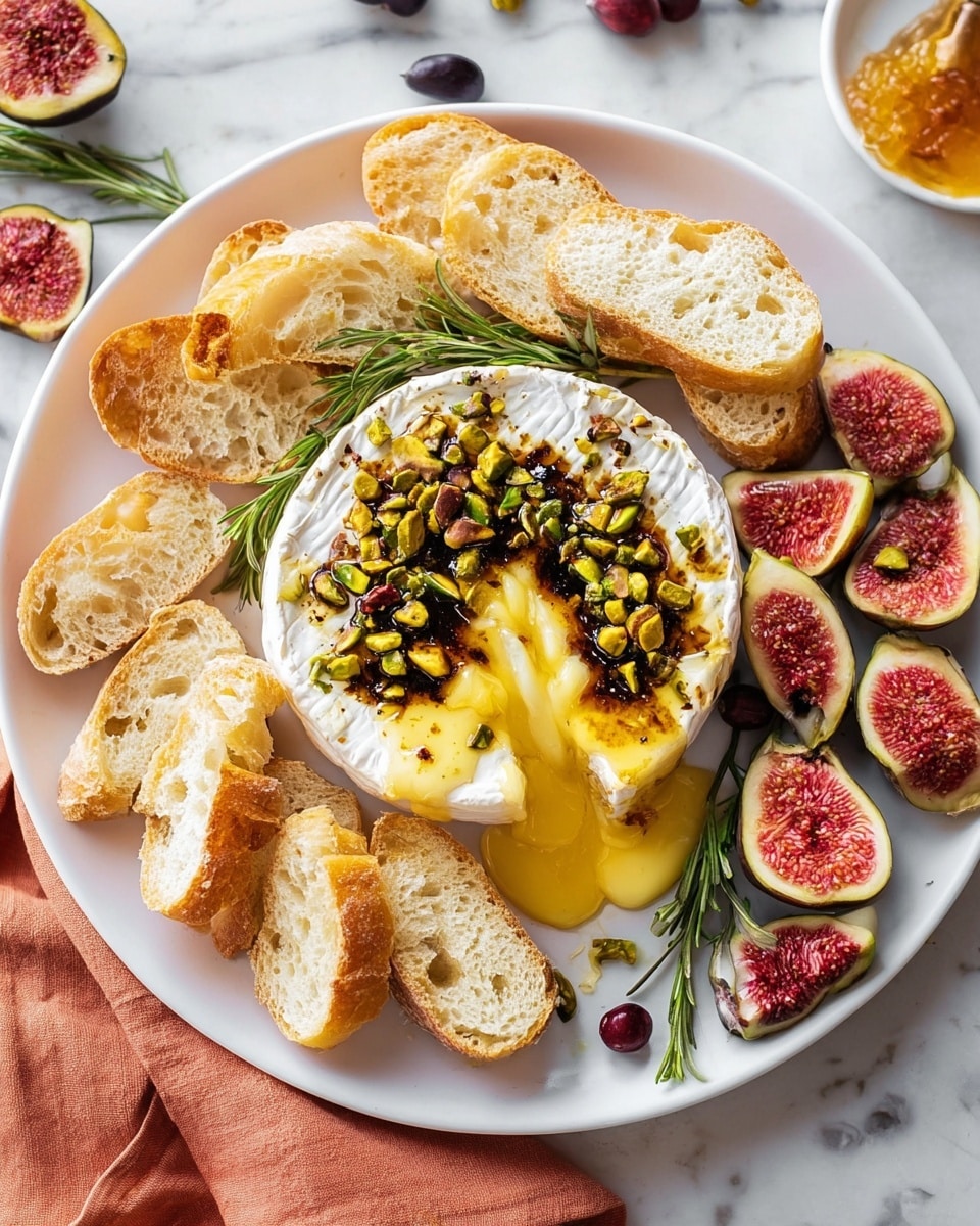 A white plate with a round cheese wheel at the center topped with chopped green pistachios and dark jam, with soft melted yellow cheese oozing from the side. Surrounding the cheese are multiple slices of light golden crusty bread arranged around the top and bottom edges. To the right, there are halved figs with pink and green insides, partially covered with bright green rosemary sprigs. A few small dark red berries are scattered near the bread slices. The plate rests on a white marbled surface with a peach cloth partially visible below. Photo taken with an iphone --ar 4:5 --v 7